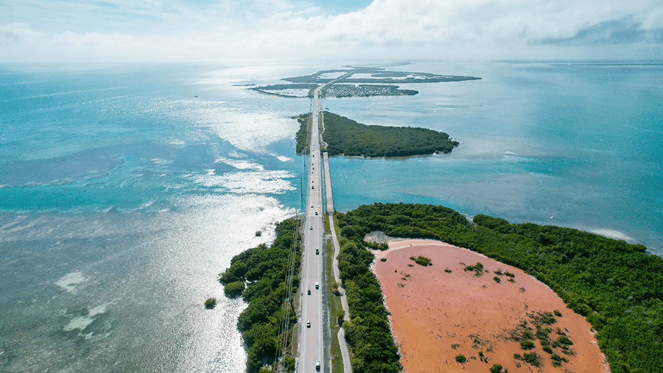 Aerial view of the Overseas Highway crossing the turquoise waters of the Florida Keys