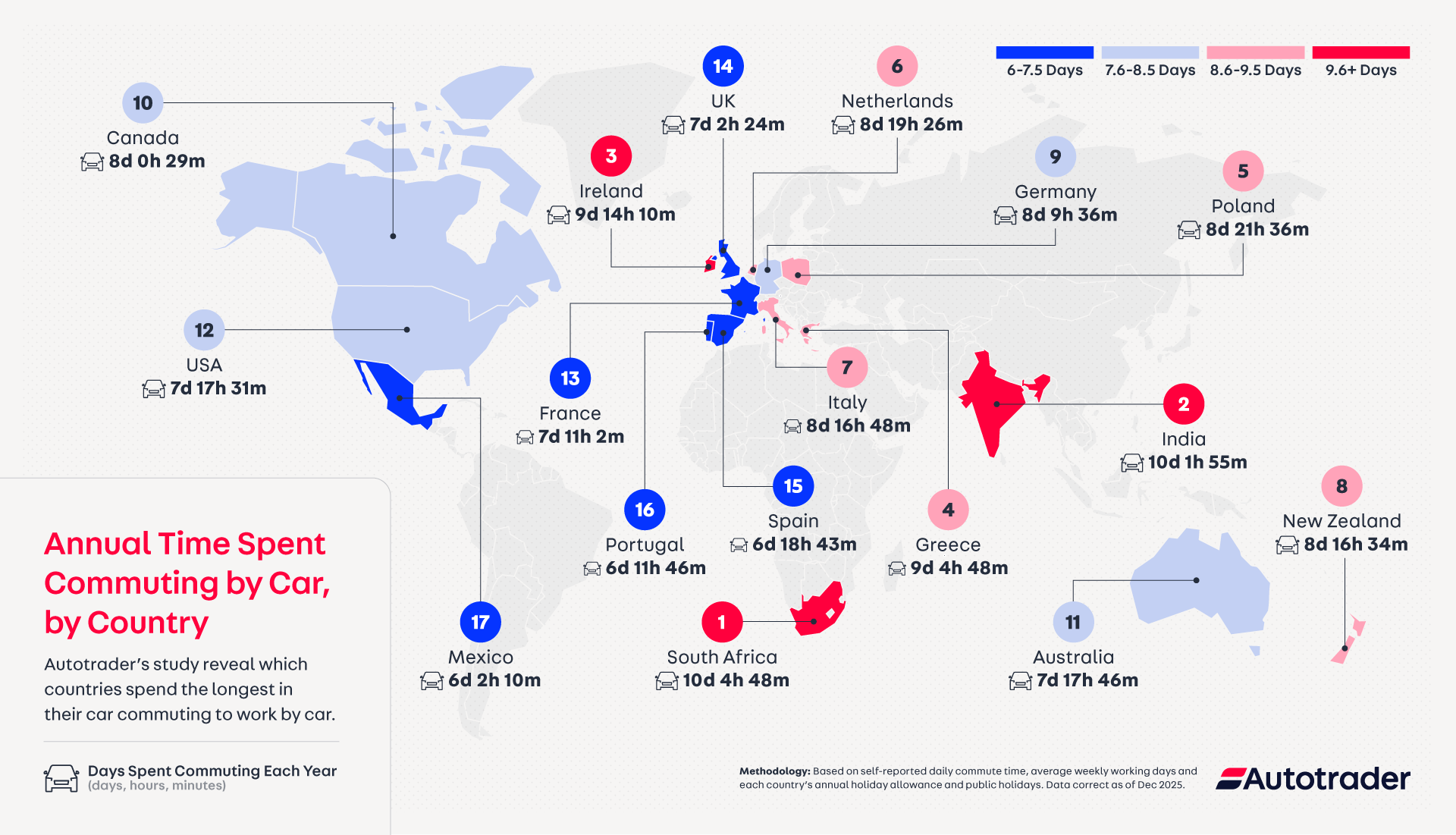 World map of commuting times