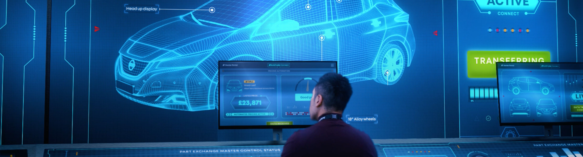 A man searching for information using a futuristic console