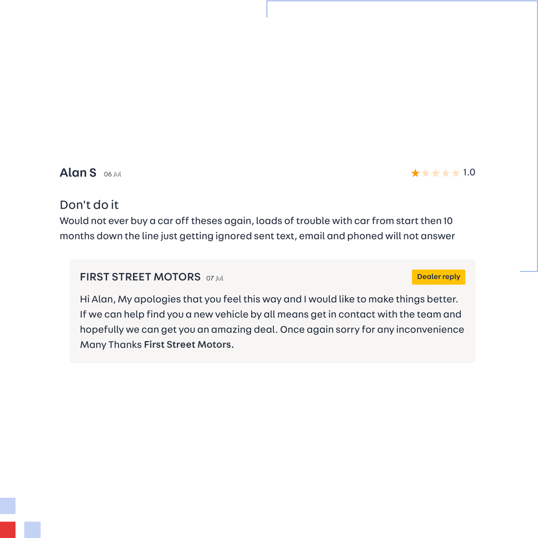 A dealer reply to a negative review on the Autotrader platform A dealer reply to a negative review on the Autotrader platform